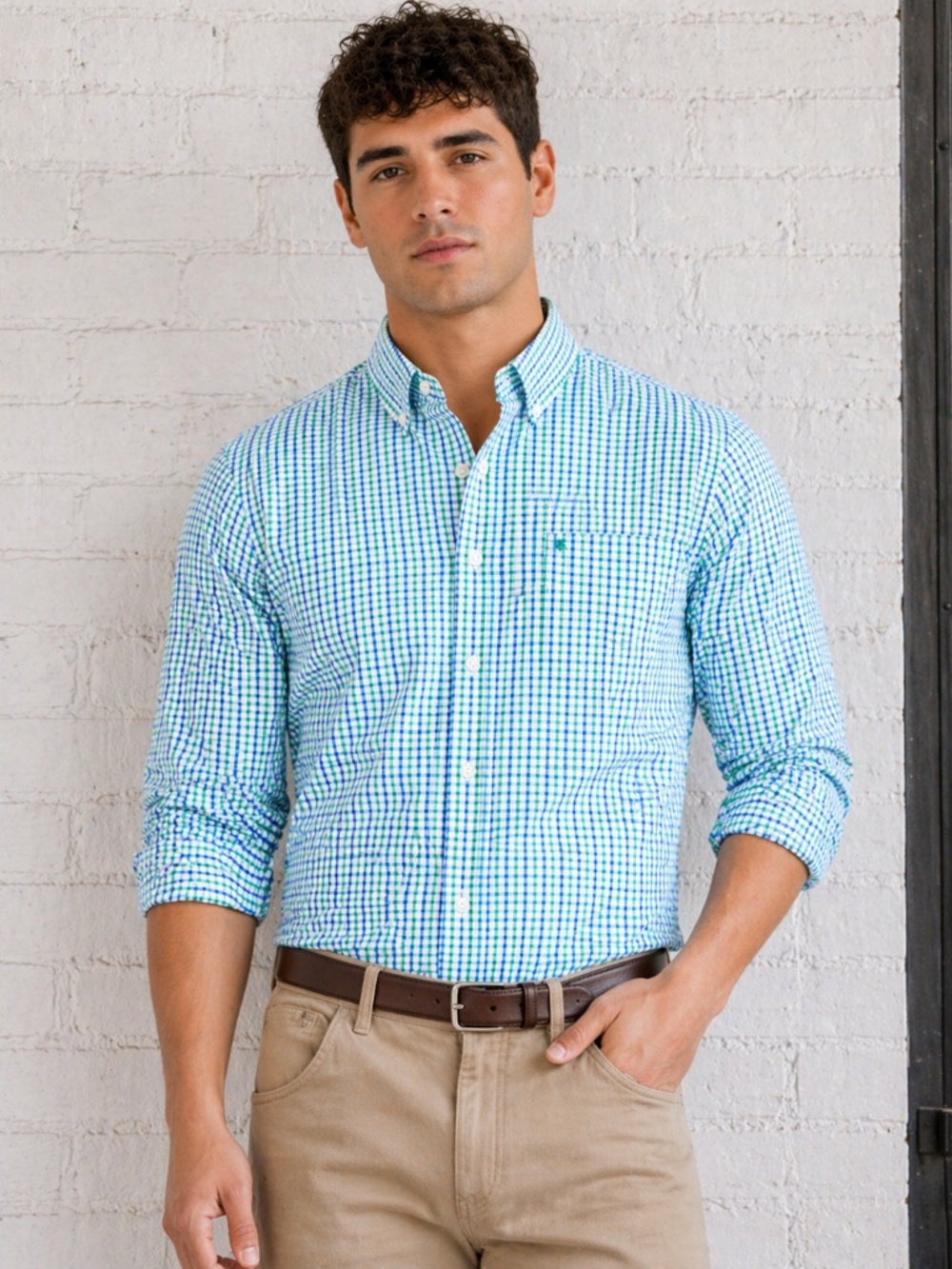 Smart Casual Checkered Button Down Shirt Classic Fit Cotton Green Blue